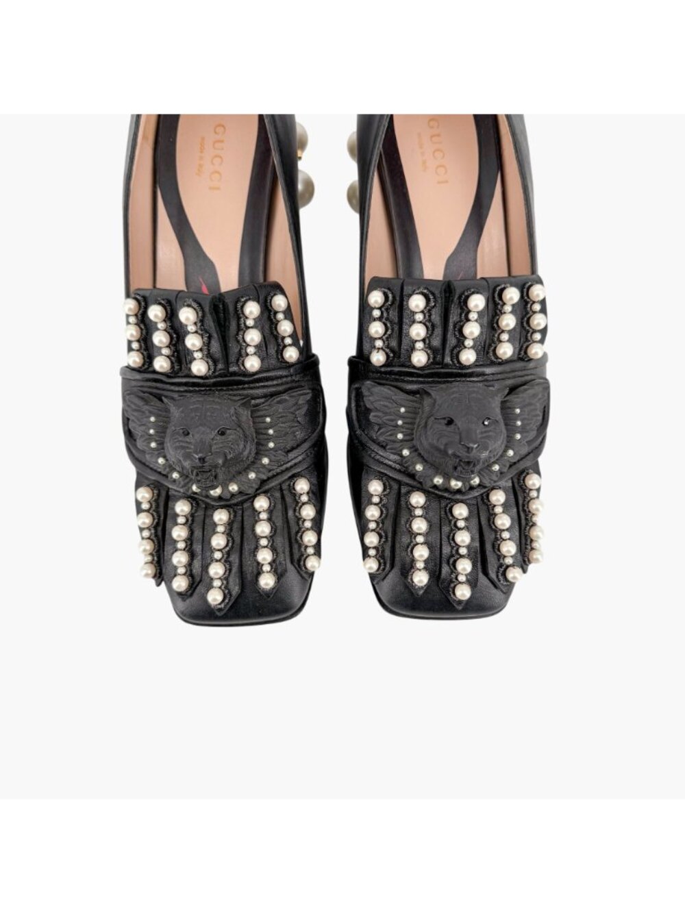 Gucci Lion Head Pearl Fringe Block Heel Loafer Pumps Black Leather Size 37 US 7 - Picture 3 of 15